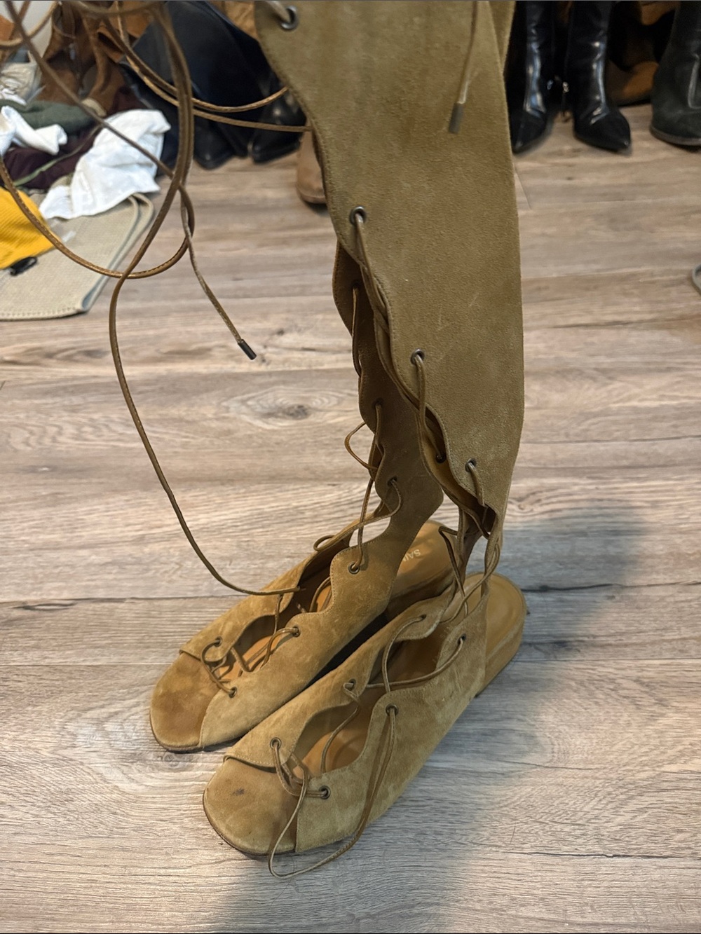 Saint Laurent Suede Lace-Up Gladiator Sandals in Tan